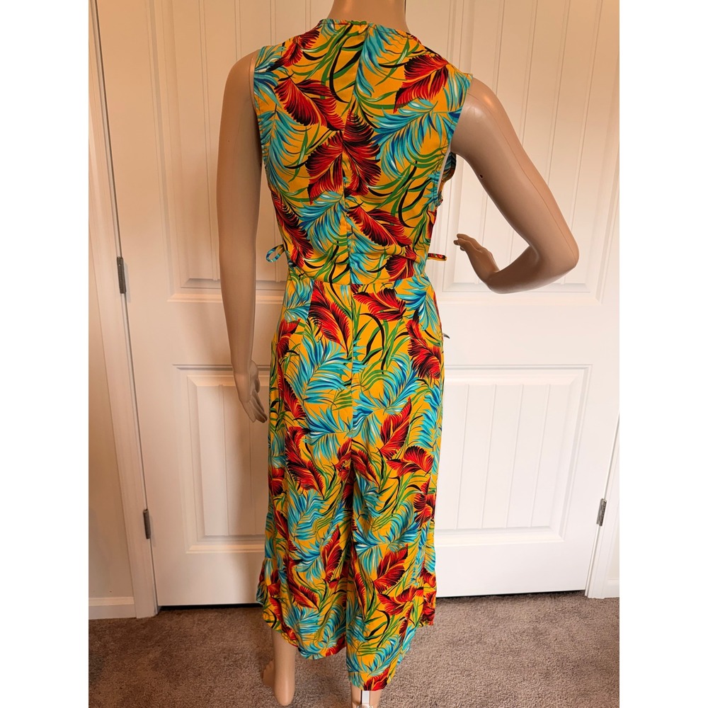 Forever 21 Tropical Palm Leaf Sleeveless Jumpsuit Mustard Yellow Sm Beachy Boho‎ - Picture 15 of 16